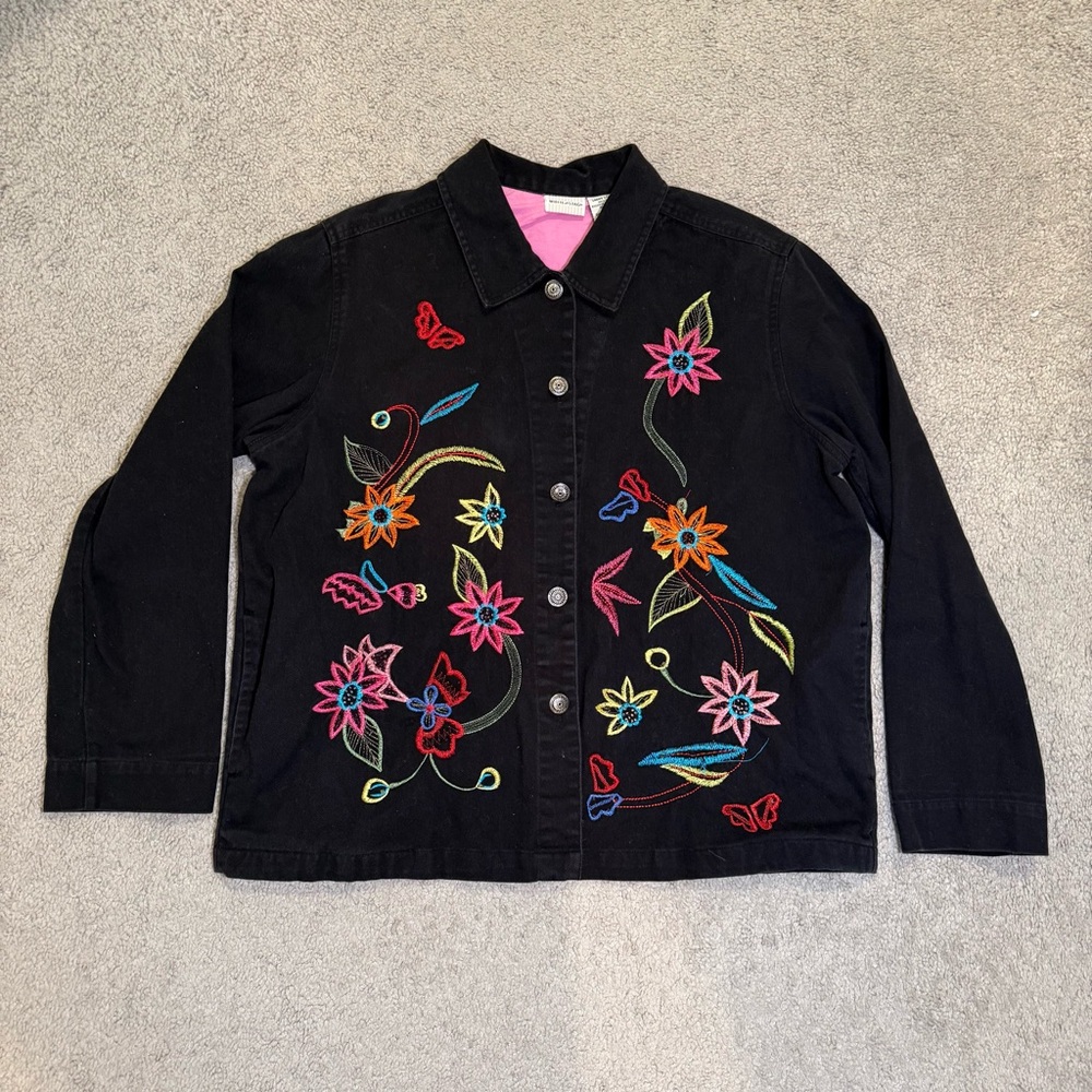 White‎ Stag Embroidered Black Floral Women's Jacket Size Large